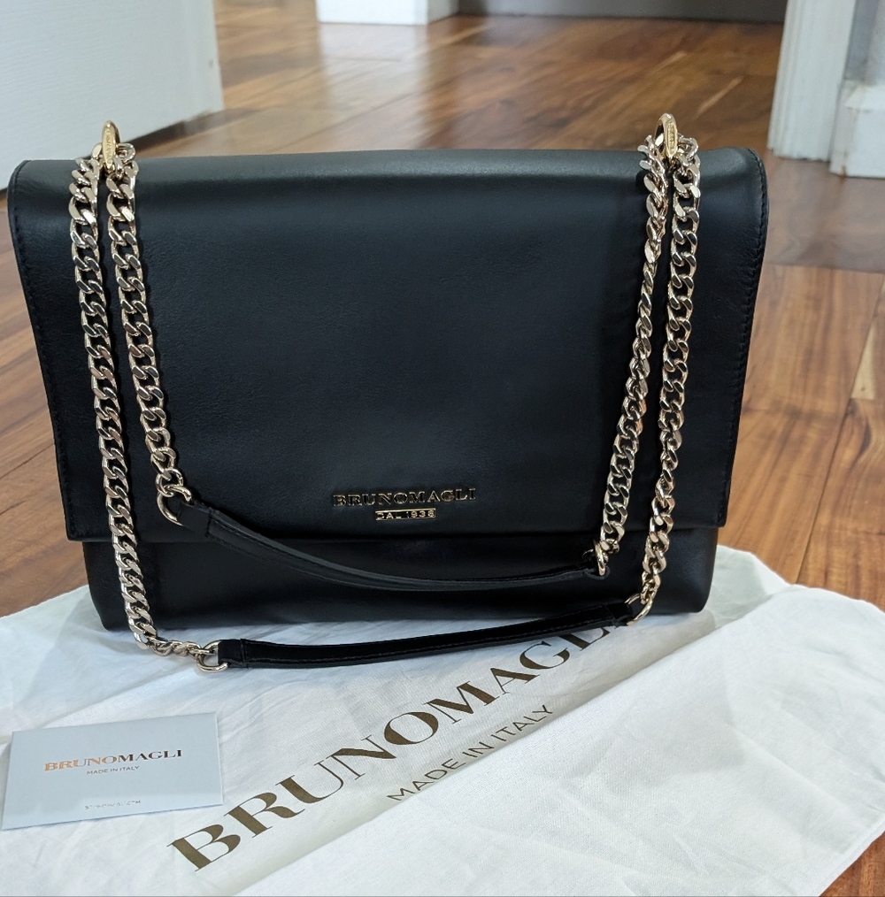 Bruno Magli Chain Leather Shoulder Bag with Gold PinMount Logo + Dust Bag Nwt ❤️